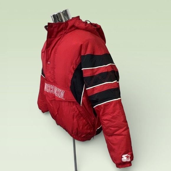 Starter Wisconsin Badgers Puffer Anorak Jacket Mens XL Red Black White Spellout - Picture 6 of 6